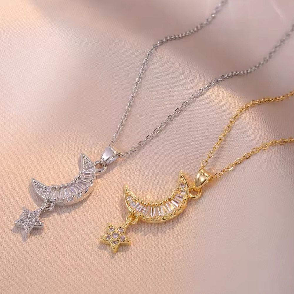 💎NEW 14K Gold Plated Moon Star CZ Crystal Necklace
